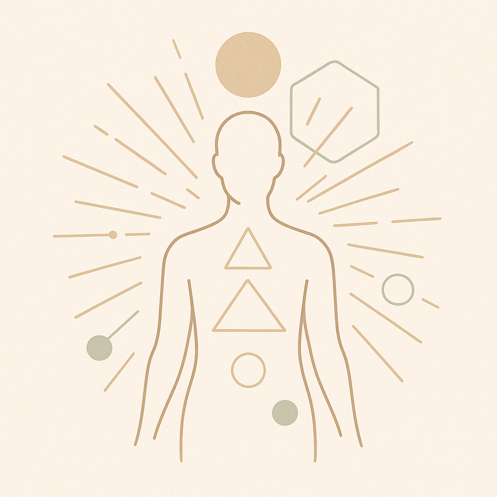 A minimal digital illustration of a human figure surrounded by geometric shapes, symbolizing Human Design energy and alignment. Modern neutral colors in beige, gold, and sage green create a calming, spiritual aesthetic for lifestyle and personal growth blogs.