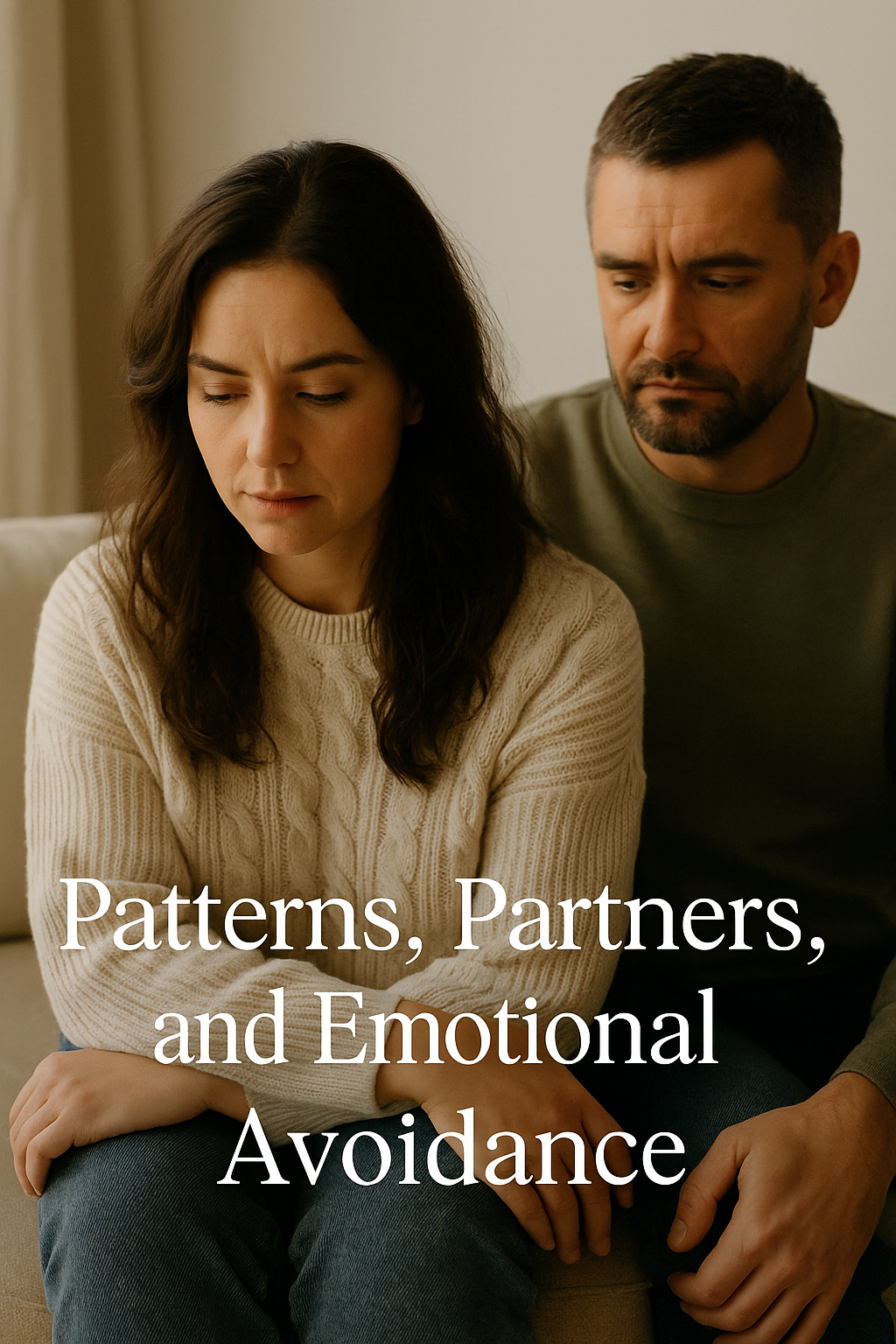 A minimalist illustration of two soft human silhouettes connected by flowing light in neutral tones of beige, sage green, and muted gold, symbolizing healing, emotional connection, and breaking cycles in relationships.