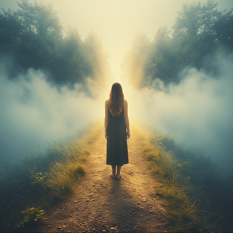 A woman in a black dress walking barefoot down the middle of a misty forest path toward radiant sunlight, symbolizing self-discovery, spiritual awakening, and navigating life transitions.