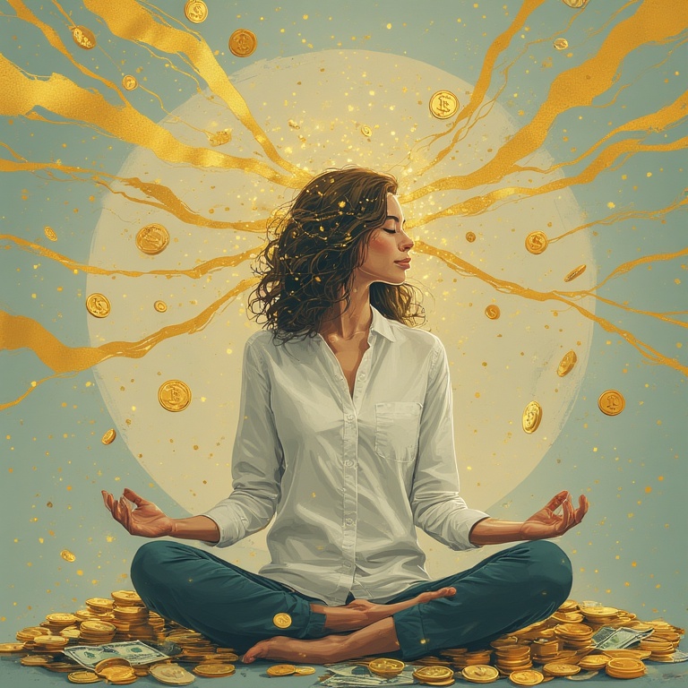 A woman meditating in lotus position surrounded by gold coins and dollar bills, symbolizing wealth manifestation, money mindset, abundance, and financial freedom.