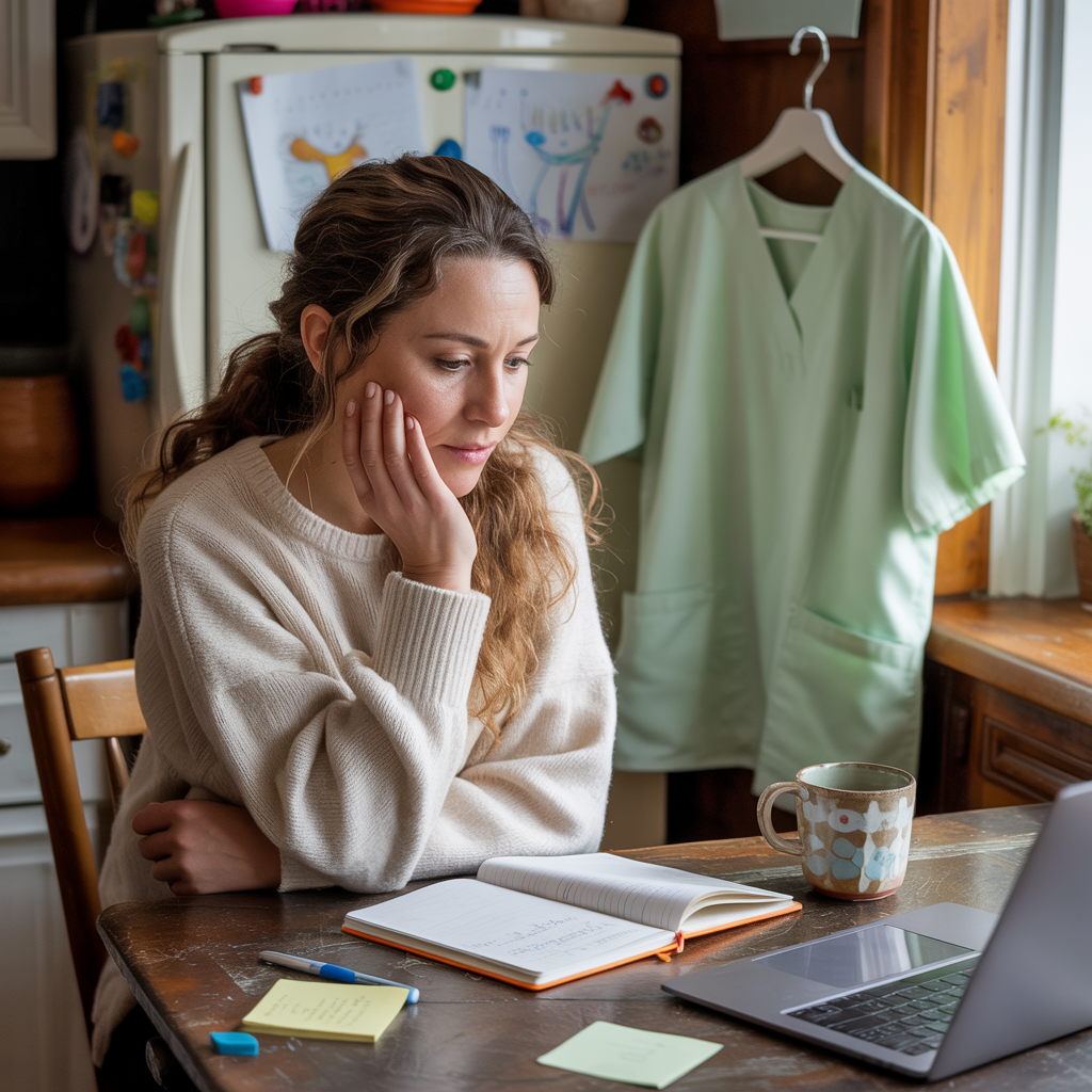 Stay-at-home mom neurodivergent women experiencing burnout healing through writing and introspection at her home workspace.