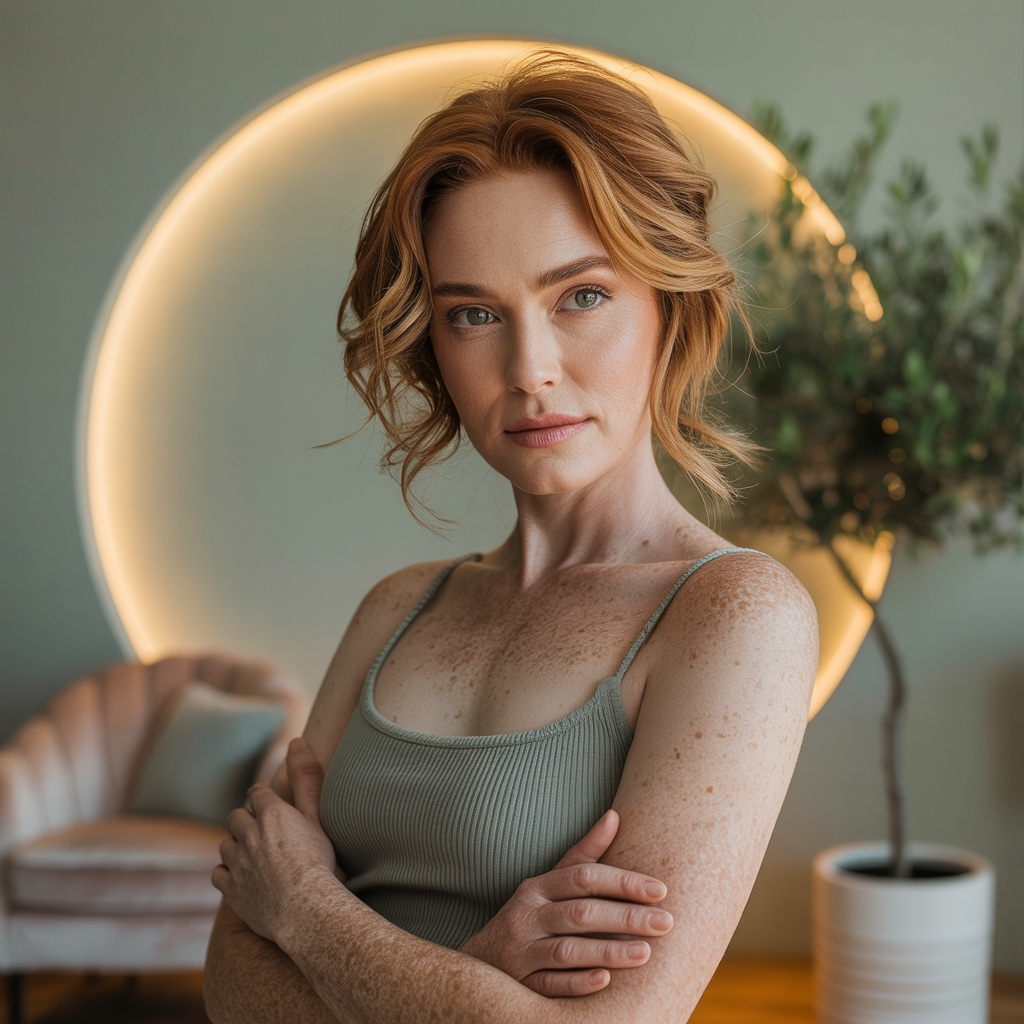 Realistic portrait of a confident woman standing calmly with arms crossed, in warm golden light with a faint circle of light around her.