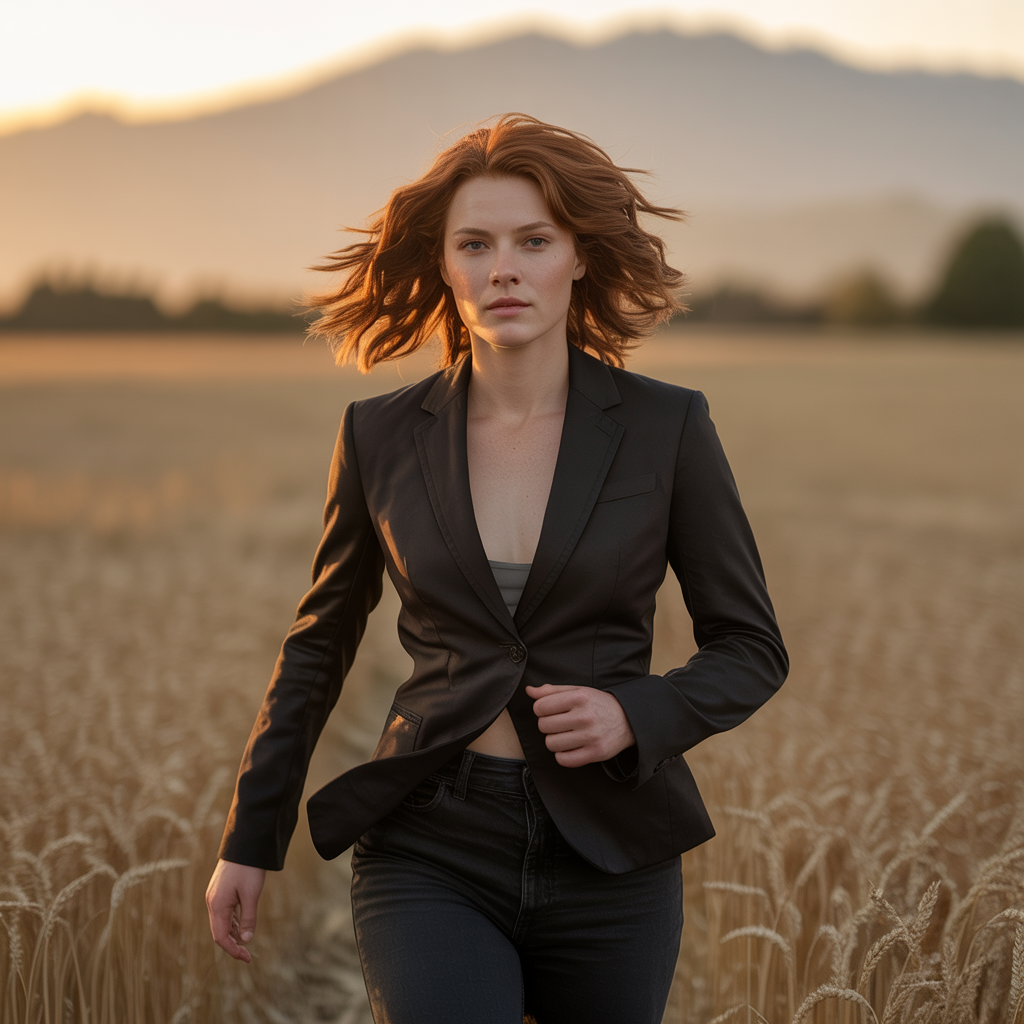 Cinematic portrait of a confident woman walking forward through a golden field at sunset, wearing a black blazer, symbolizing independence, strength, and breaking family patterns.
