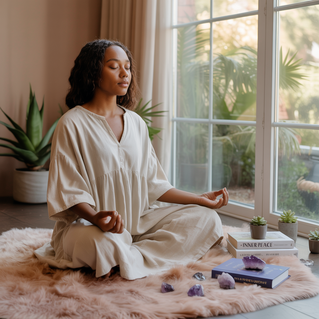 Woman of color meditating in warm sunlight on a cozy rug, surrounded by plants and crystals in a boho home, symbolizing spiritual alignment and peace.