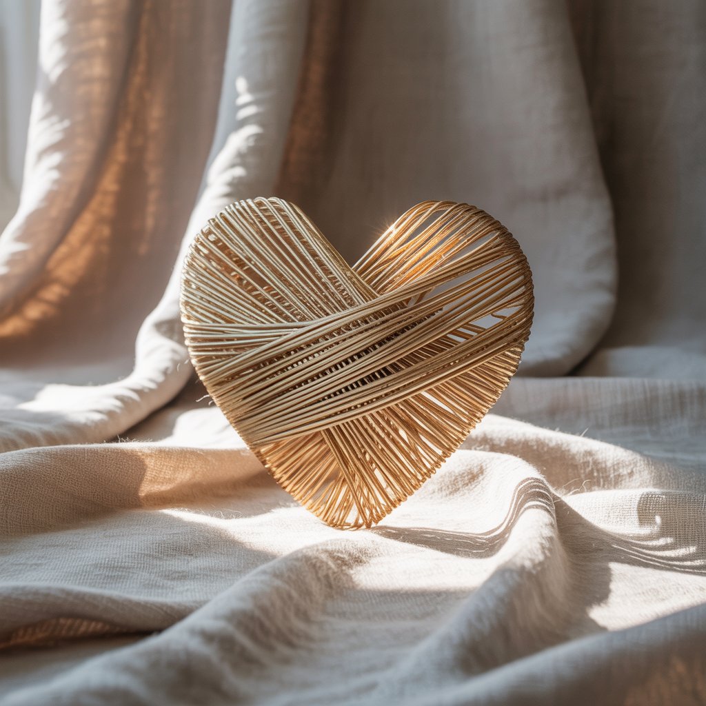 Golden threads unraveling and weaving back into a heart shape on soft fabric — a metaphor for vulnerability, healing family patterns, and finding clarity.