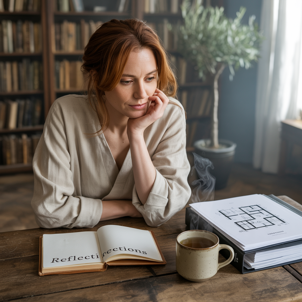 A neurodivergent woman in her 30s sits quietly at a wooden table with a journal, a warm cup of tea, and paperwork, reflecting on mental health and self-discovery in a cozy room filled with books.