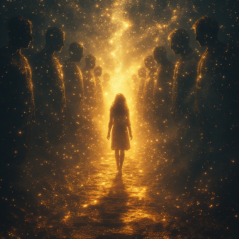 A woman walking down a glowing golden path surrounded by shadowy human figures made of starlight, symbolizing ancestral healing, spiritual awakening, and facing the shadows in soulpreneurship.