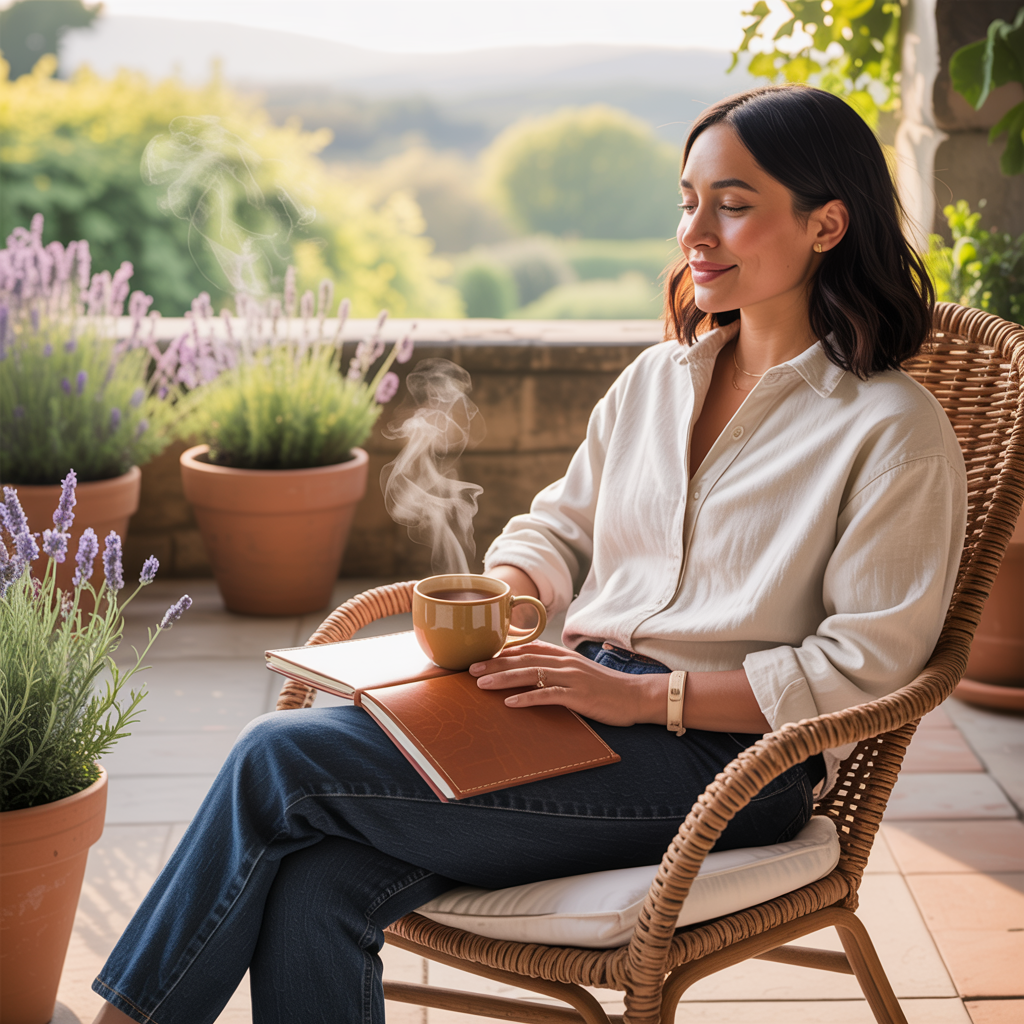 A woman of mixed descent sits peacefully on a patio with a steaming mug and journal in hand, surrounded by potted lavender, enjoying a quiet moment of rest.