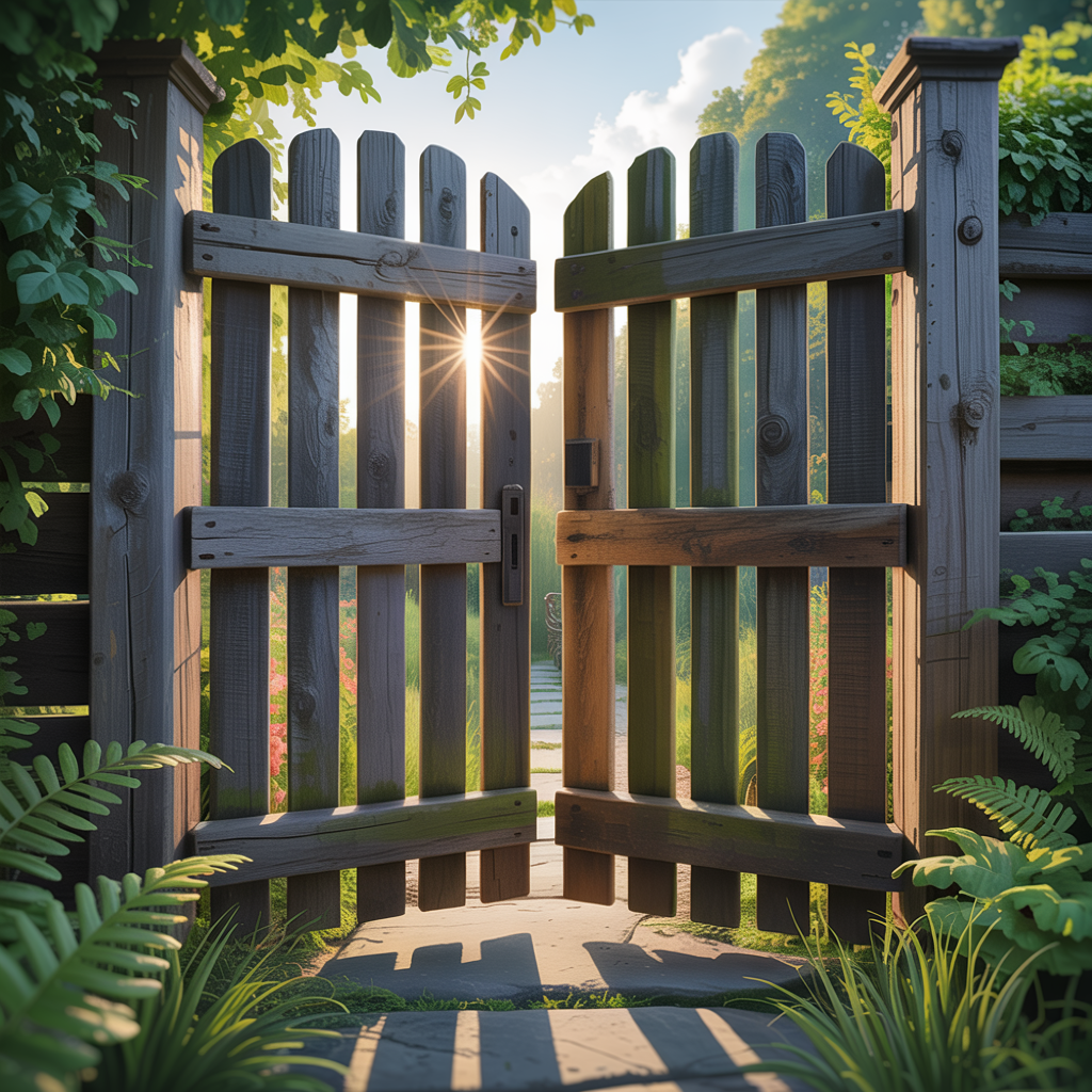 A photorealistic wooden garden gate partially open with sunlight streaming through, symbolizing boundaries, clarity, and new possibilities.