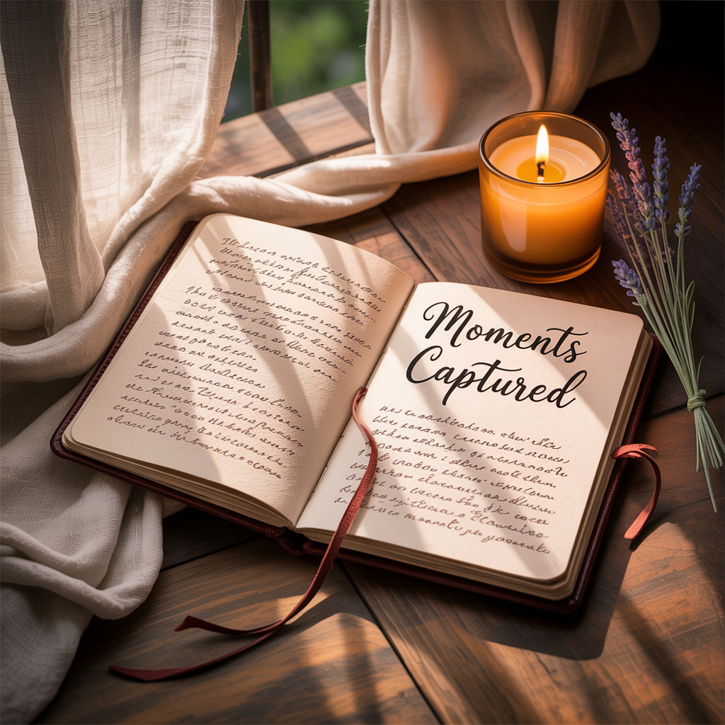 A realistic photo of an open leather-bound journal with handwritten pages, a lit candle, and lavender on a wooden table in soft natural light.