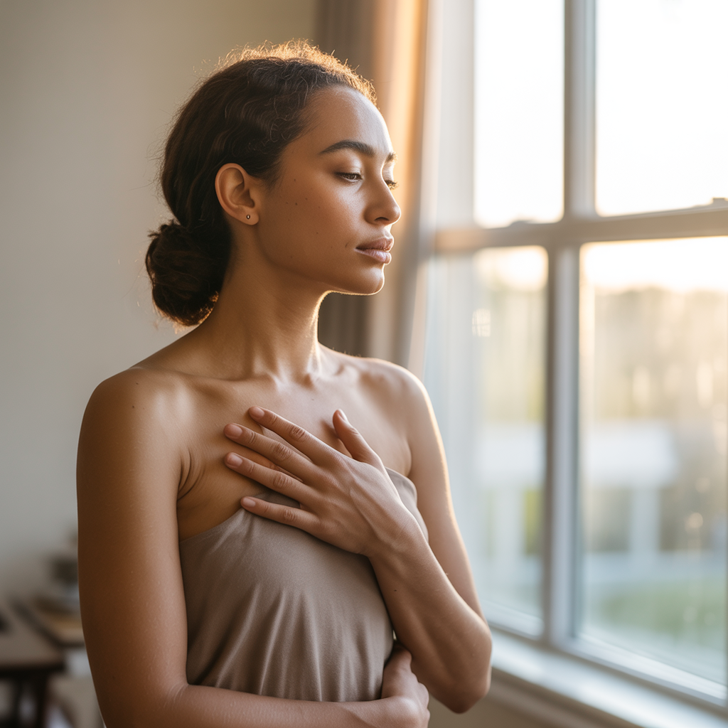 A woman standing by a sunlit window with one hand over her heart, symbolizing emotional intelligence and self-awareness through grounded reflection.