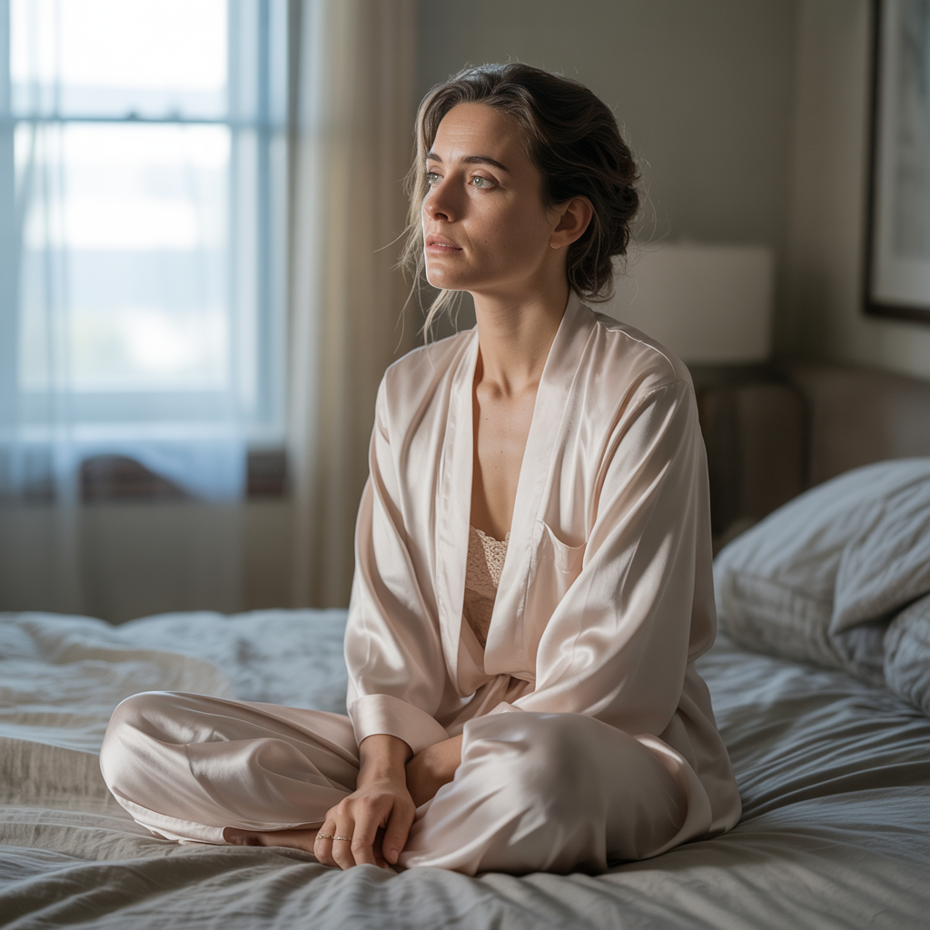 Woman in a pale silk robe sitting on her bed at dawn, symbolizing the freeze vs flow state—calm on the surface but anxious underneath—as part of nervous-system healing.