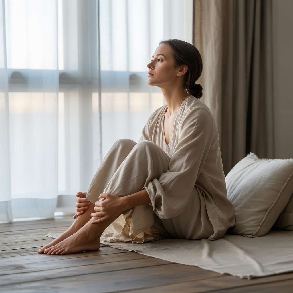 A soft editorial photograph of a woman sitting on the floor near a window in quiet introspection, symbolizing healing, emotional awareness, and wounded feminine energy in men.