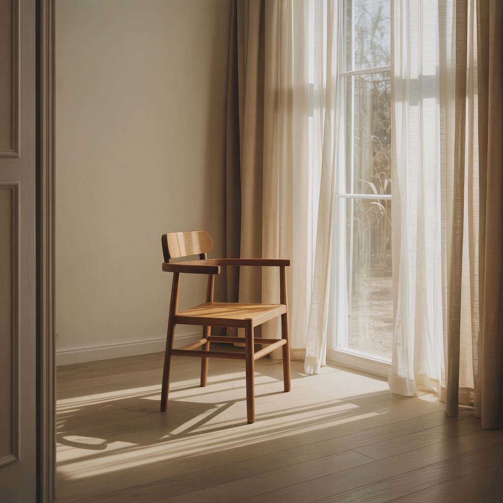 A calm, minimal space with soft natural light representing reflection, clarity, and emotional depth.