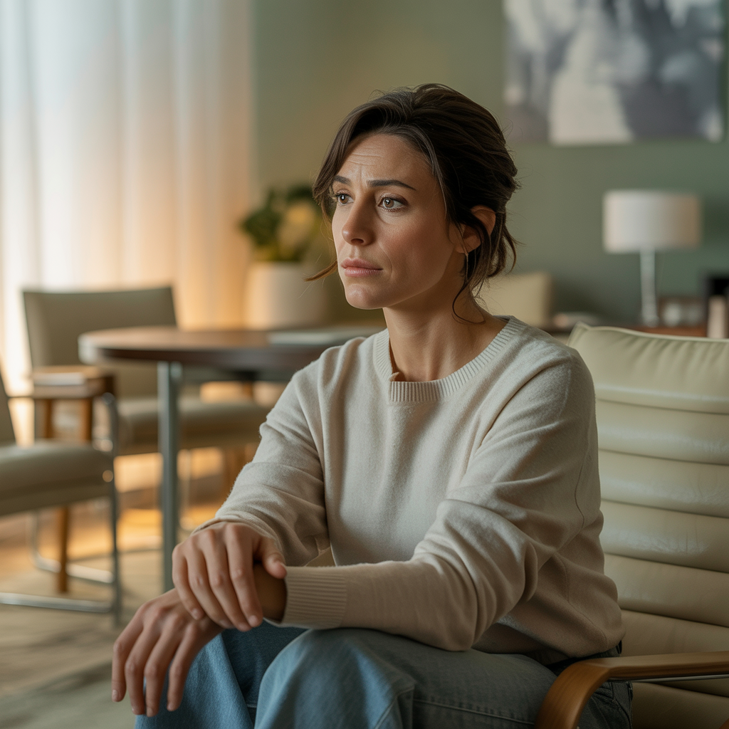 Woman sitting calmly but emotionally detached in a softly lit therapy office, symbolizing relationship exhaustion, emotional clarity, and the end of couples therapy.