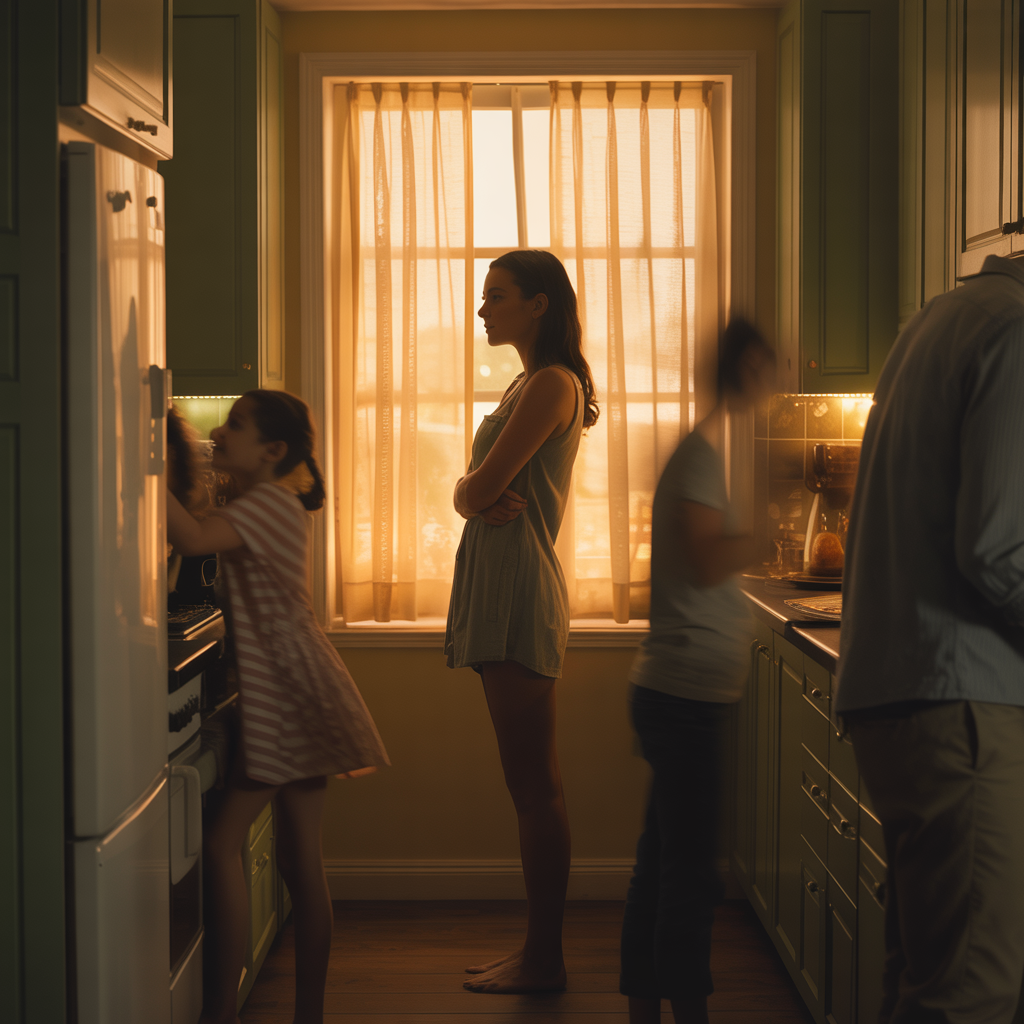 Woman standing alone in a softly lit family kitchen at dusk while family life continues in the background, representing emotional separation and quiet grief within marriage.