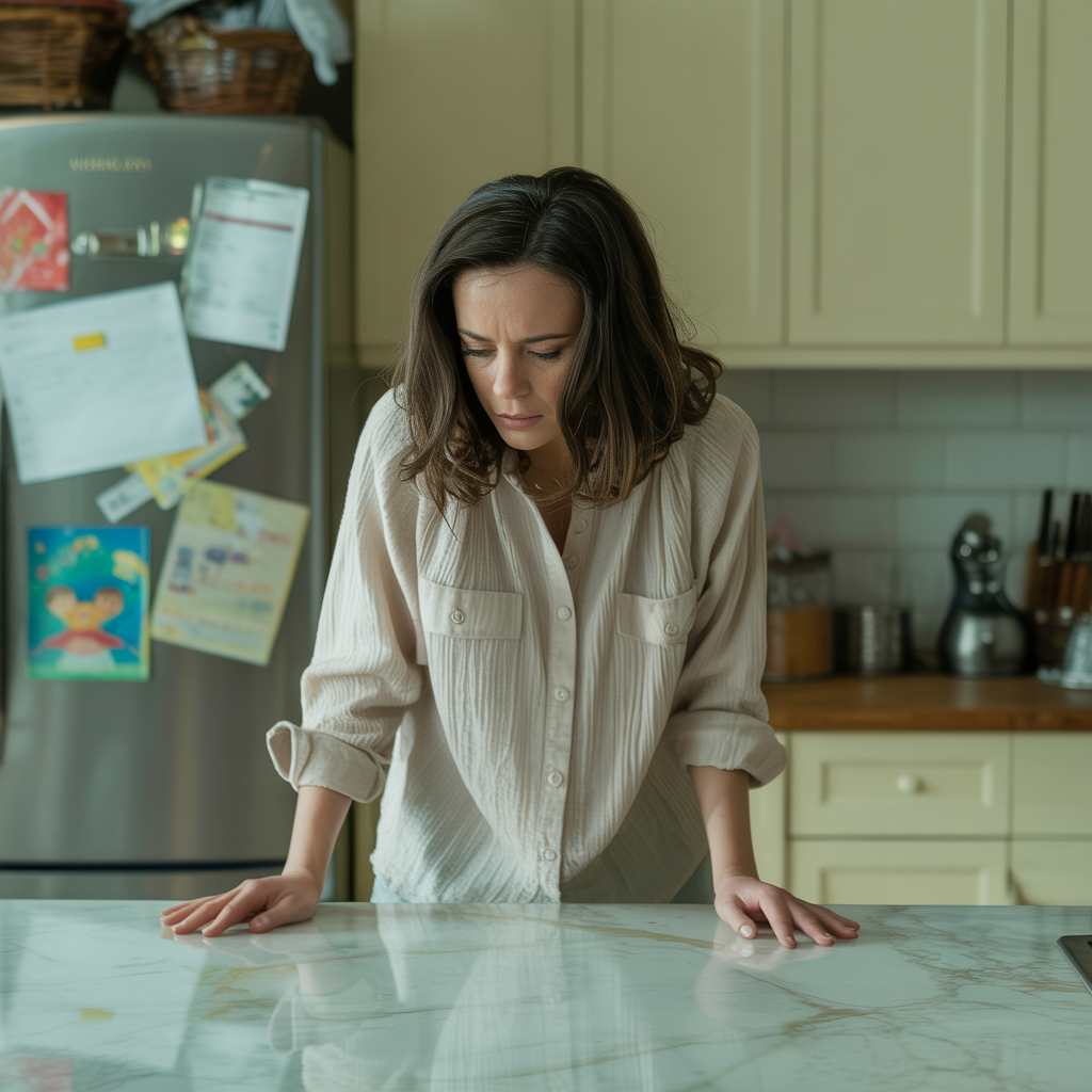 Emotionally exhausted woman standing in a modern kitchen surrounded by subtle signs of household responsibility and mental overload, symbolizing relationship burnout and emotional labor.